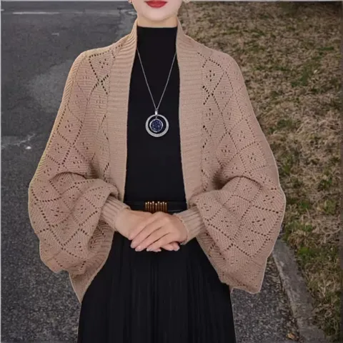 Women Autumn Winter Knitted Plaid Shawl Scarf Cardigan Batwing Sleeve Open Front Warm Casual Outerwear Poncho