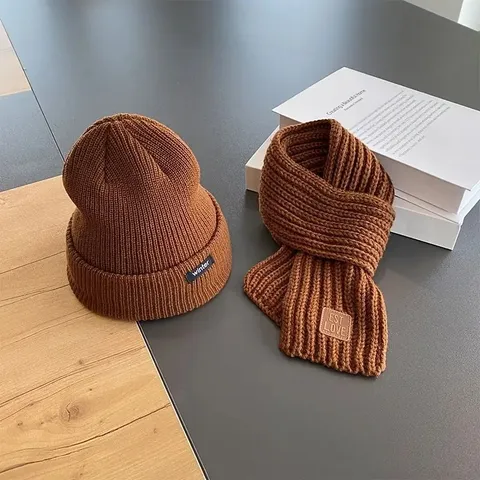 Winter Knitted Hat And Scarf Set For Women Men Warm Thick Beanie Cap With Letter Patch Casual Cold Weather Gear