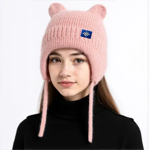 Damen Winter Warme Gestrickte Mütze Süße Bärenohr Ohrenschützer Verdickte Winddichte Wollmütze Lässige Outdoor Skimütze