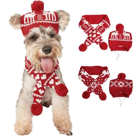 Huisdier Kerst Gebreide Sjaal En Hoed Set Acryl Pompon Hond Kat Winter Warm Kostuum Vakantie Kleding