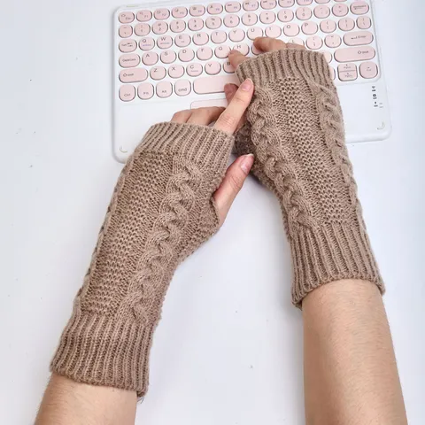 Unisex Winter Warm Knit Gloves Acrylic Half Finger Cable Knit Wrist Arm Sleeves Cold Proof Fashion Gloves
