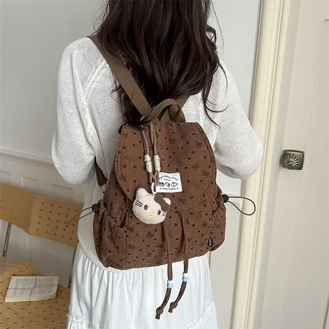 Corduroy Korean Style Mini Backpack For Women Sweet Student Bowknot Drawstring Casual Daypack