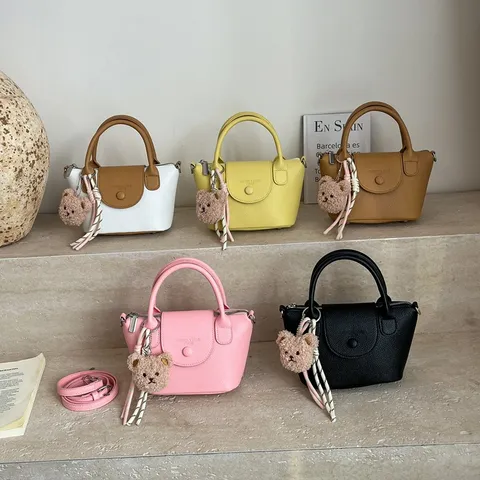 Women's Fashion PU Leather Bucket Bag Casual Top Handle Shoulder Bag With Cute Bear Pendant Stylish Daily Handbag