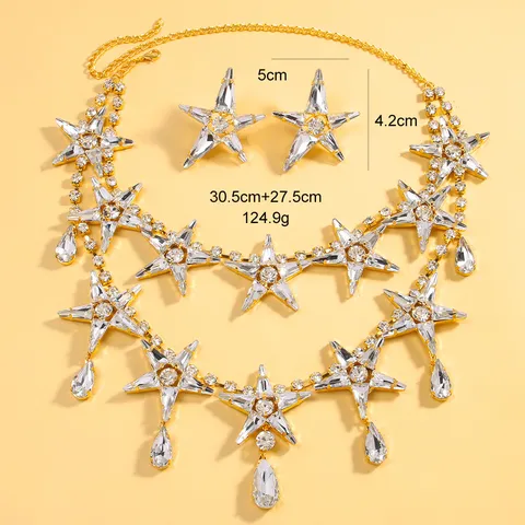 Exagéré Parure Collier Multicouche et Boucles d'Oreilles Étoile en Alliage avec Strass Femme Luxe Cristal Goutte Pendentif Bijoux de Fête