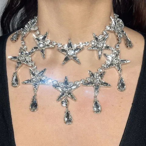 Exagéré Parure Collier Multicouche et Boucles d'Oreilles Étoile en Alliage avec Strass Femme Luxe Cristal Goutte Pendentif Bijoux de Fête