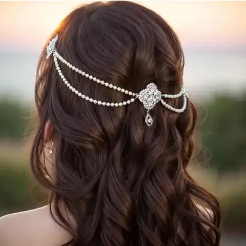 Bohemian Copper Artificial Pearl Multi-Layer Hair Chain For Women Vintage Rhinestone Water Drop Pendant Bridal Wedding Hair Accessories