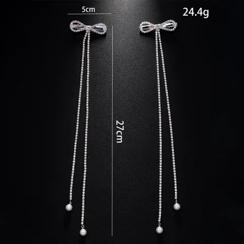 Sweet Bowknot Tassel Hair Clip Rhinestone Chain Hair Barrettes With Artificial Pearl Drop Long Chain Headwear For Women Girls Gift