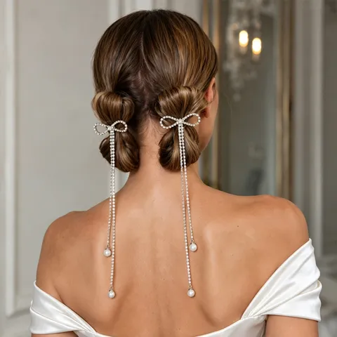 Sweet Bowknot Tassel Hair Clip Rhinestone Chain Hair Barrettes With Artificial Pearl Drop Long Chain Headwear For Women Girls Gift