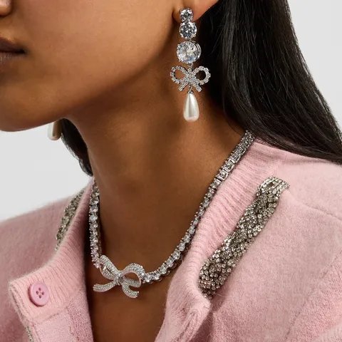 Barock Schleife Künstliche Perle Anhänger Halskette Und Ohrringe Set Für Damen Vintage Strass Braut Hochzeit Schmuck Set