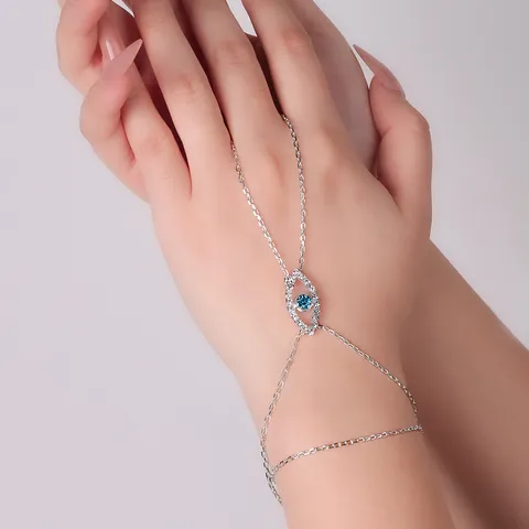 Pulsera de Anillo de Aleación con Mal de Ojo Azul y Strass Estilo Bohemio Cadena de Mano Elegante Joyería de Moda para Mujer