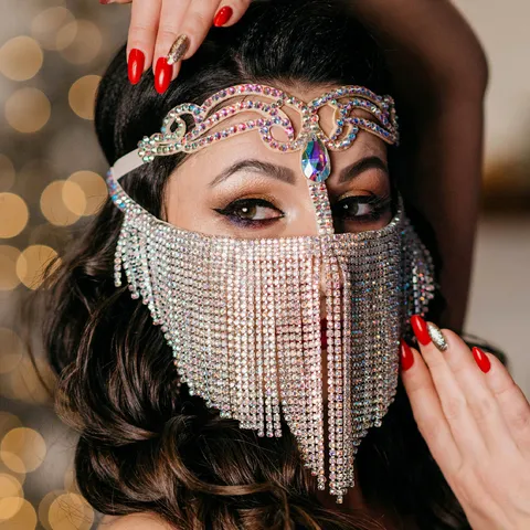 Rhinestone Tassel Mask Full Face Masquerade Veiled Headpiece For Halloween Party Copper Rhinestone Tassel Mask Exquisite Mask Jewelry