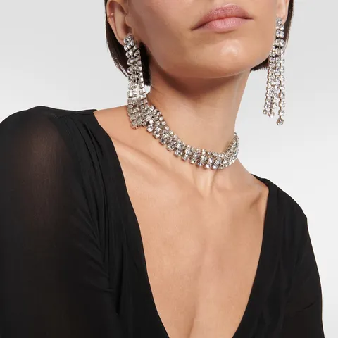 Luxuriöses Mehrlagiges Strass Halskette Und Quasten Ohrringe Set Kupferbasis Galvanisierte Strass Mode Schmuck Für Damen