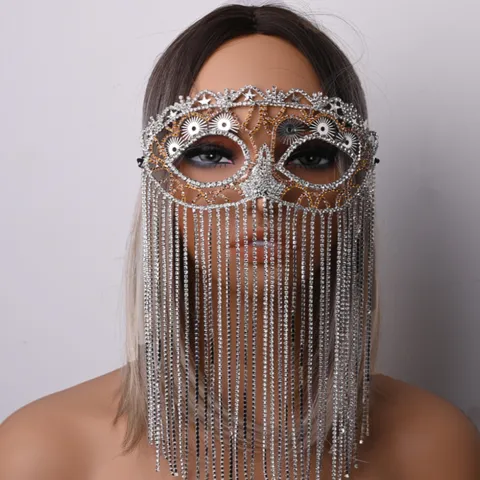 Halloween Tassel Rhinestone Mask For Women Masquerade Hollow Alloy Face Veil Western Holiday Party Prom Accessories Jewelry Gift