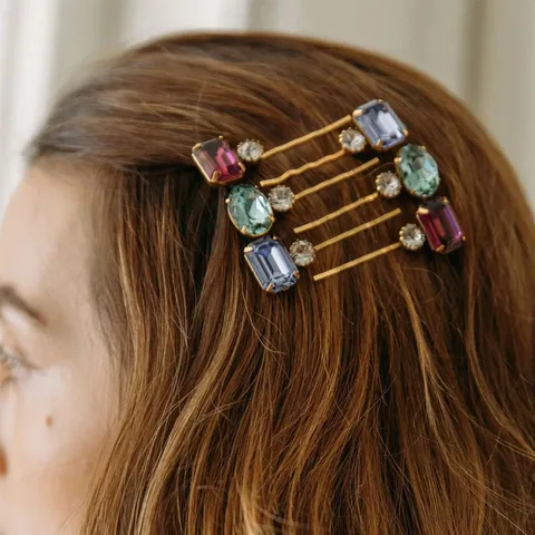 Damen Bunte Strass Haarklammer Elegante Geometrische Metall Haarspange Gold Silber Galvanisiert Seitenpony Clip Mode Haarschmuck