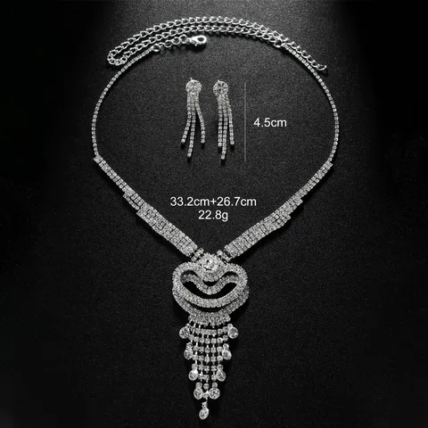 Fashion Western Multi-layer Heart Tassel Necklace And Earrings For Women Rhinestone Wedding Party Dress Accessories Jewelry Collection