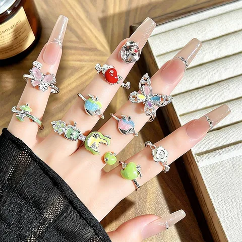 Sweet Enamel Copper Ring For Women Cute Fruit Butterfly Star Flower Rhinestone Open Adjustable Stacking Finger Ring Fashion Jewelry Gift