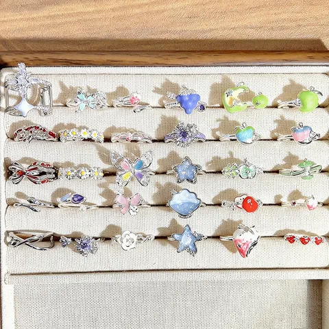 Sweet Enamel Copper Ring For Women Cute Fruit Butterfly Star Flower Rhinestone Open Adjustable Stacking Finger Ring Fashion Jewelry Gift