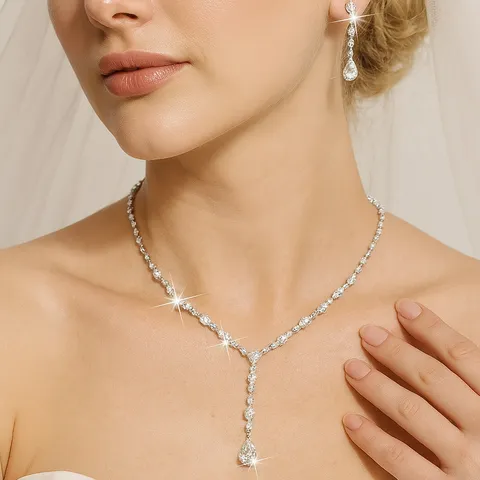 Elegante Juego de Joyas de Aleación con Strass Gota de Agua Collar con Colgante de Borla Gota Pendientes de Botón Juego de Joyas de Boda Nupcial para Mujer
