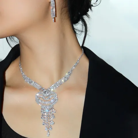 Fashion Western Multi-layer Heart Tassel Necklace And Earrings For Women Rhinestone Wedding Party Dress Accessories Jewelry Collection
