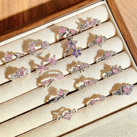 Korean Sweet Pink Zirconia Open Ring Butterfly Flower Heart Y2K Style Adjustable Copper Finger Ring For Women Jewelry Gift