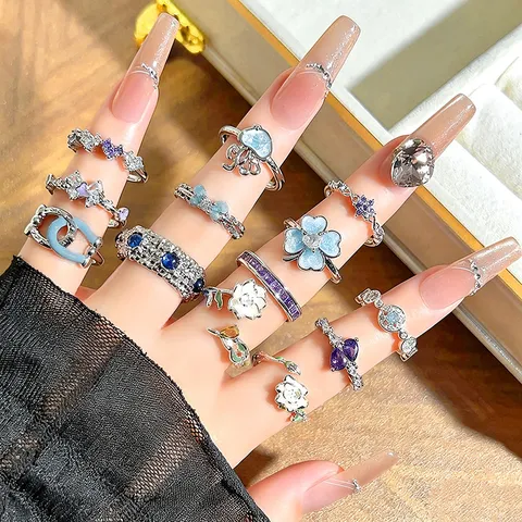 Sweet Girl Style Enamel Open Ring For Women Copper Zirconia Inlaid Butterfly Star Flower Cute Cartoon Adjustable Ring Jewelry