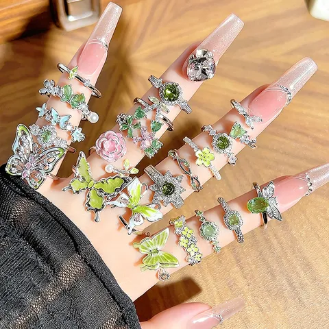 Sweet Green Enamel Butterfly Flower Zirconia Open Ring Copper Adjustable Finger Ring Niche Design Stacking Jewelry For Women