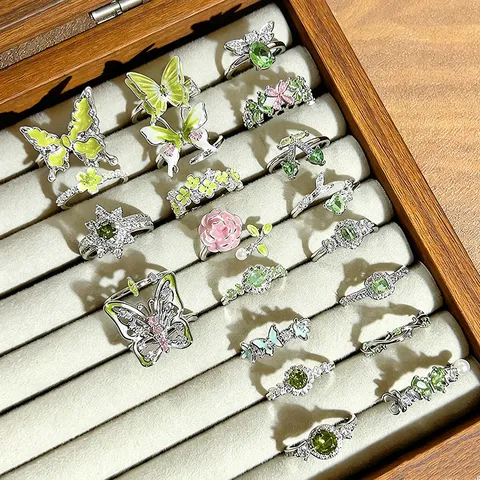 Sweet Green Enamel Butterfly Flower Zirconia Open Ring Copper Adjustable Finger Ring Niche Design Stacking Jewelry For Women