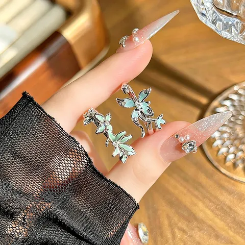 Minzgrün Emaille Blumenranke Offener Ring Zirkonia Eingelegt Kupfer Verstellbar Stacking Ring Damen Retro Botanischer Fingerring Schmuck