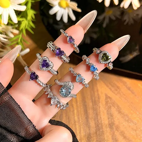 Exquisite Multicolor Heart Zirconia Open Ring For Women Copper Inlaid Fashion Adjustable Stacking Finger Ring Jewelry