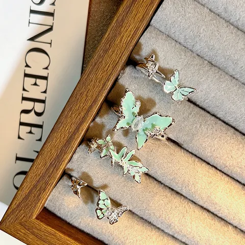 Minzgrüner Emaille Schmetterling Zirkonia Offener Ring Personalisierter Stapelbarer Kupfer Fingerring Für Damen Waldstil Schmuck