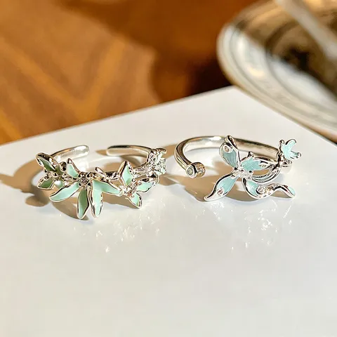Minzgrün Emaille Blumenranke Offener Ring Zirkonia Eingelegt Kupfer Verstellbar Stacking Ring Damen Retro Botanischer Fingerring Schmuck