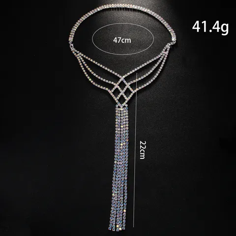 Bohemian Colorful Rhinestone Tassel Back Chain For Women Gold Silver Plated Body Chain For Belly Dance Stage Performance Jewelry