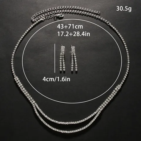 Minimalist Alloy Rhinestone Jewelry Set Double Layer Tassel Pendant Necklace Long Drop Earrings Bridal Wedding Jewelry Set For Women Party