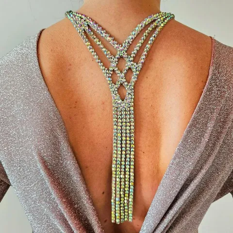 Bohemian Colorful Rhinestone Tassel Back Chain For Women Gold Silver Plated Body Chain For Belly Dance Stage Performance Jewelry