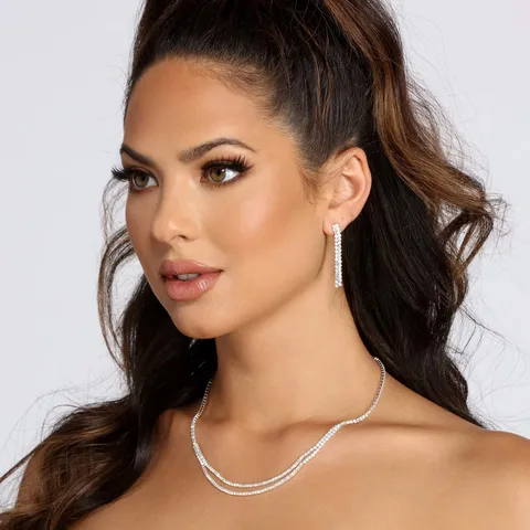 Minimalist Alloy Rhinestone Jewelry Set Double Layer Tassel Pendant Necklace Long Drop Earrings Bridal Wedding Jewelry Set For Women Party