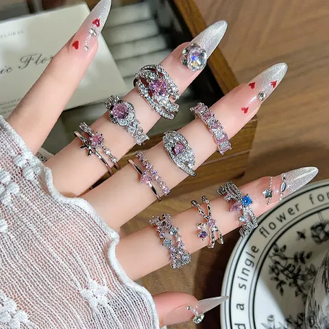 Copper Cubic Zirconia Open Ring Pink Blue Gem Adjustable Stacking Ring Individual Luxury Niche Design Jewelry Finger Ring