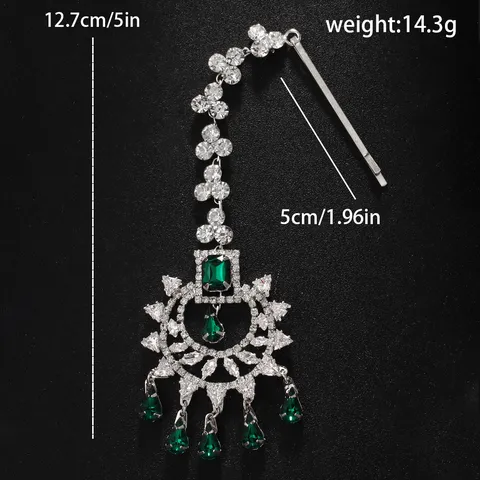 Maang Tikka Traditionnel Indien Chaîne de Front Luxe Alliage Strass Goutte d'Eau Émeraude Bijoux de Cheveux Ethniques Mariage