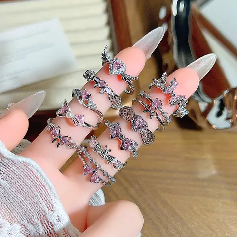 Pink Zirconia Heart Bowknot Open Ring For Women Girls Sweet Cool Style Adjustable Copper Finger Ring Fashion Jewelry Gift