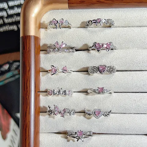 Pink Zirconia Heart Bowknot Open Ring For Women Girls Sweet Cool Style Adjustable Copper Finger Ring Fashion Jewelry Gift