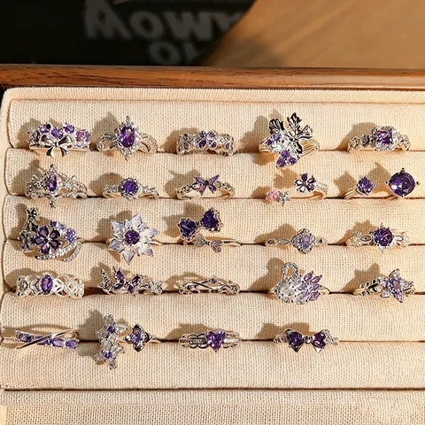 Niche High-end Purple Zirconia Adjustable Open Ring Women Hollow Flower Heart Design Personalized Copper Finger Ring Jewelry