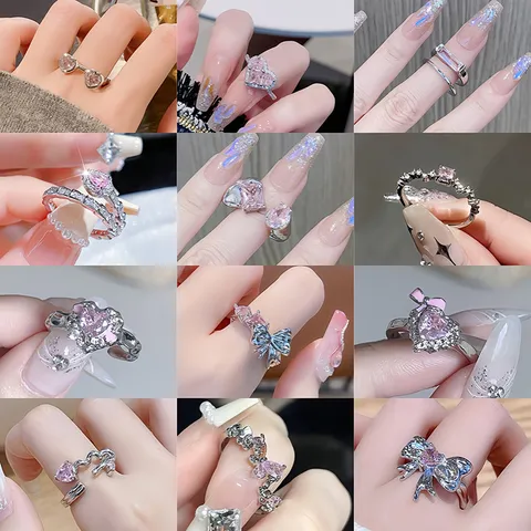 Rosa Zirkonia Süßer Cooler Stil Offener Ring Mode Leicht Luxus Verstellbarer Fingerring Für Damen Personalisierter Geometrischer Schleife Herz Schmuck Geschenk