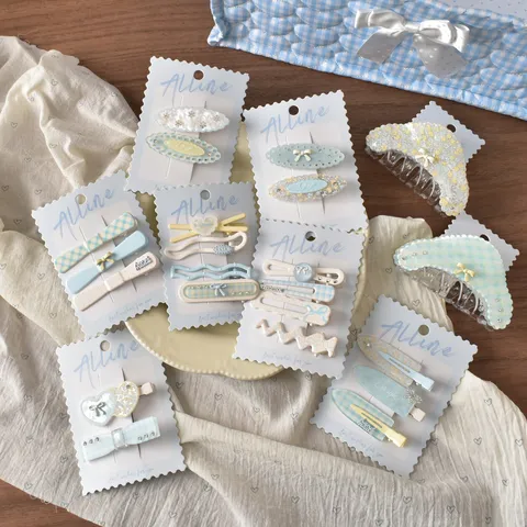 Fresh Blue Floral Plaid Hair Clips For Girls Sweet Bow Ribbon Hair Claw Clips Non-Marking Bangs Side Clips Hair Accessories