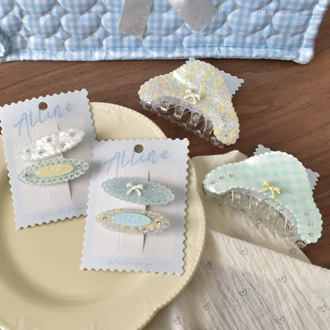 Fresh Blue Floral Plaid Hair Clips For Girls Sweet Bow Ribbon Hair Claw Clips Non-Marking Bangs Side Clips Hair Accessories