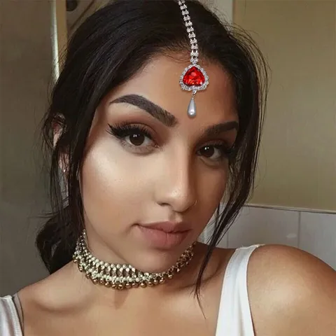 Exotisch Kupfer Strass Herz Stirnband Kopfschmuck Vintage Haarnadel Haarkette Für Damen Rot Edelstein Künstliche Perle Quaste Haarschmuck