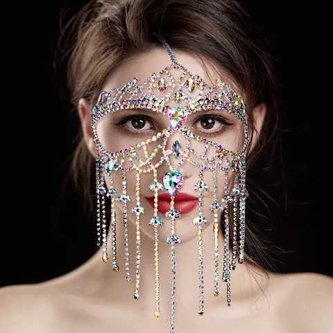 Overstated Rhinestone Tassel Mask For Women Halloween Party Masquerade Long Chain Semi Face Mask Party Accessories Jewelry