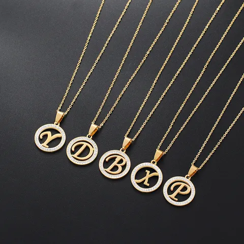 Collana con Iniziale in Acciaio Inossidabile per Donna Ciondolo Rotondo con Strass Oro Gioielli a Catena