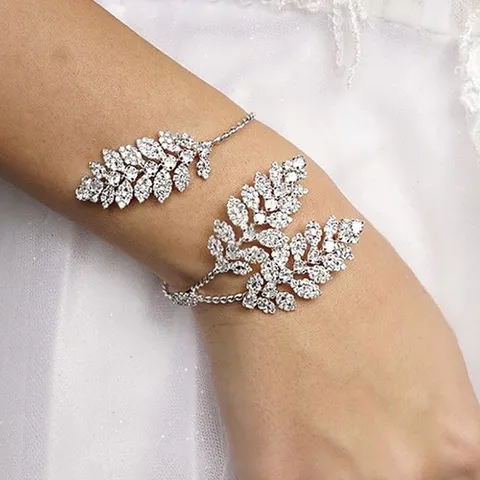 Minimalistisch Blatt Offener Armreif Für Damen Luxus Kupfer Strass Einstellbar Armband Hochzeit Party Handschmuck Geschenk