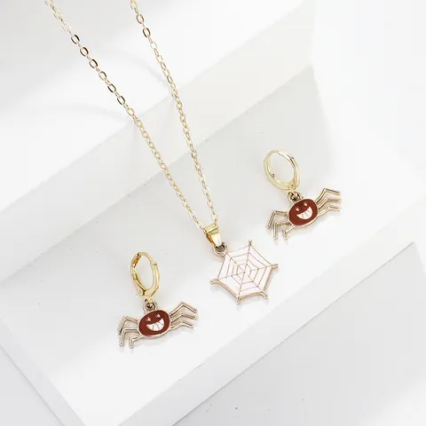 European American Halloween Spider Web Pendant Necklace And Smiling Spider Earrings Alloy Enamel Jewelry For Women Holiday Decoration
