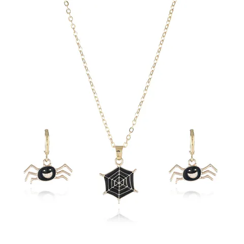 European American Halloween Spider Web Pendant Necklace And Smiling Spider Earrings Alloy Enamel Jewelry For Women Holiday Decoration