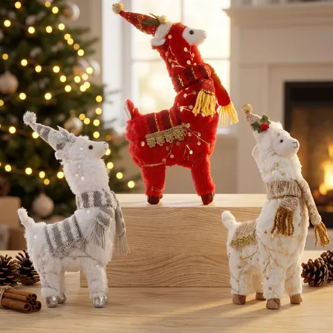 Kerstmis Pluche Alpaca Ornament Schattig Dier Bureau Decoratieve Pop Met Muts Sjaal Pailletten Voor Feestdagen Thuis Etalage Cadeau